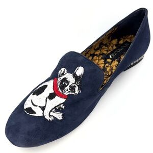 Boutique 9 Navy Velvet Loafers French Bulldog Embroidery Women’s Size 10 M Flats